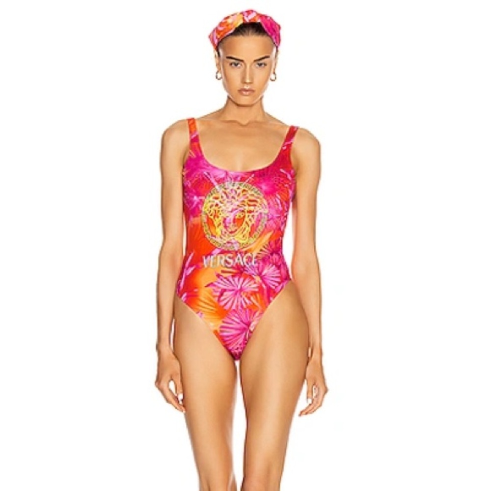 AUTHENTIC VERSACE Pink Red MEDUSA LOGO One Piece Bathing Leotard Swimsuit